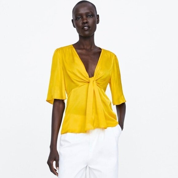 Zara Yellow Knotted Front Short Sleeve Satin Blouse XS - Picture 1 of 4